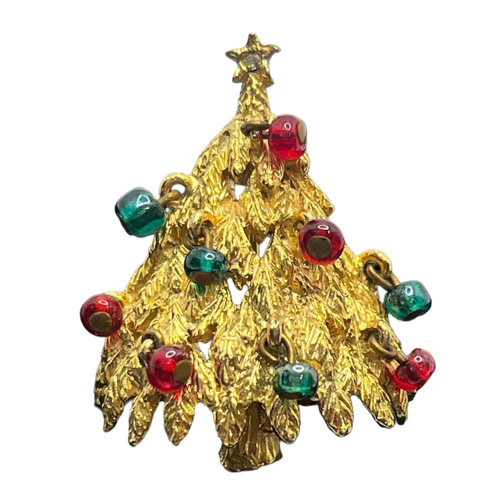 BENEDIKT NY Christmas Tree Pin Brooch pin Glass Bead Red Green Dangles vintage